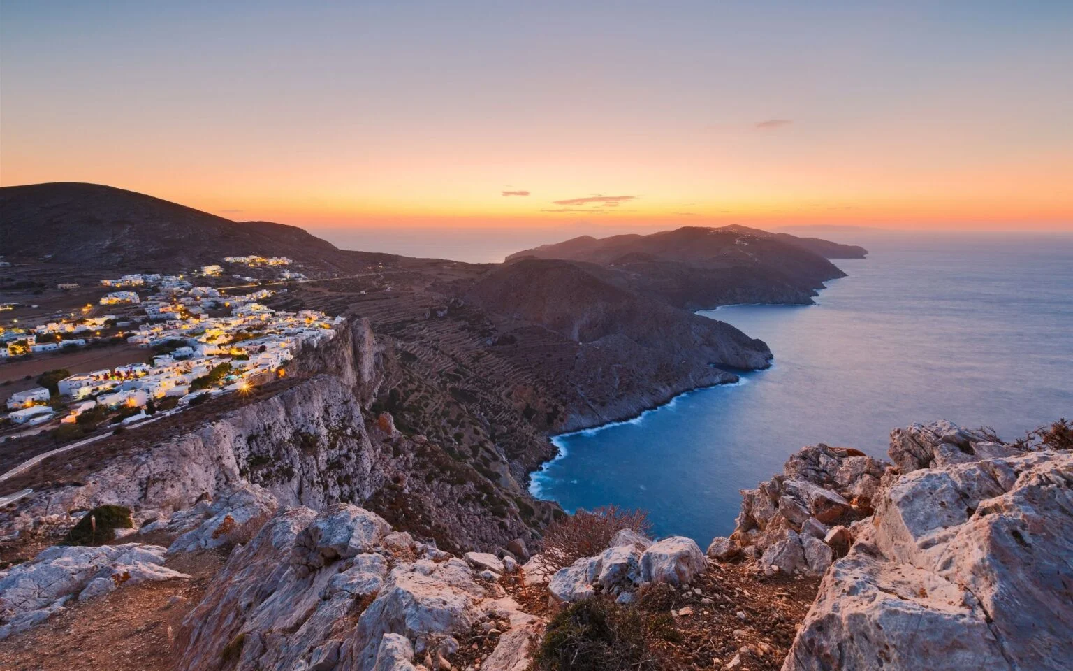 Next to last comes Folegandros. Folegandros stands on the southern part of the Cyclades, between Milos and Santorini. For those who seek calmness and wish to go somewhere more secluded, Folegandros is the way to go, as the tourist season does not start until June. It is perfect for those who wish to get away from the hustle of the city and recharge their batteries along the undomesticated scenery, the blue-green waters, and the medieval views.