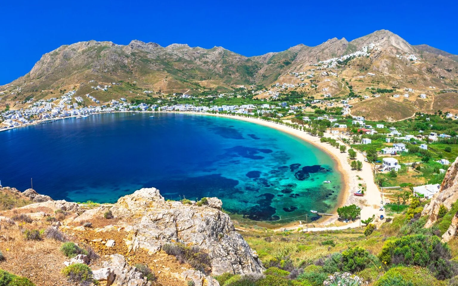 an island located in the western-centric part of the Cyclades, known for its calmness and its untouched scenery. It is ideal for yacht enthusiasts as it possesses a highly organized port, Livadi, and a nearby beach called Livadakia, which is protected from the wind and has all the necessary amenities one might need.